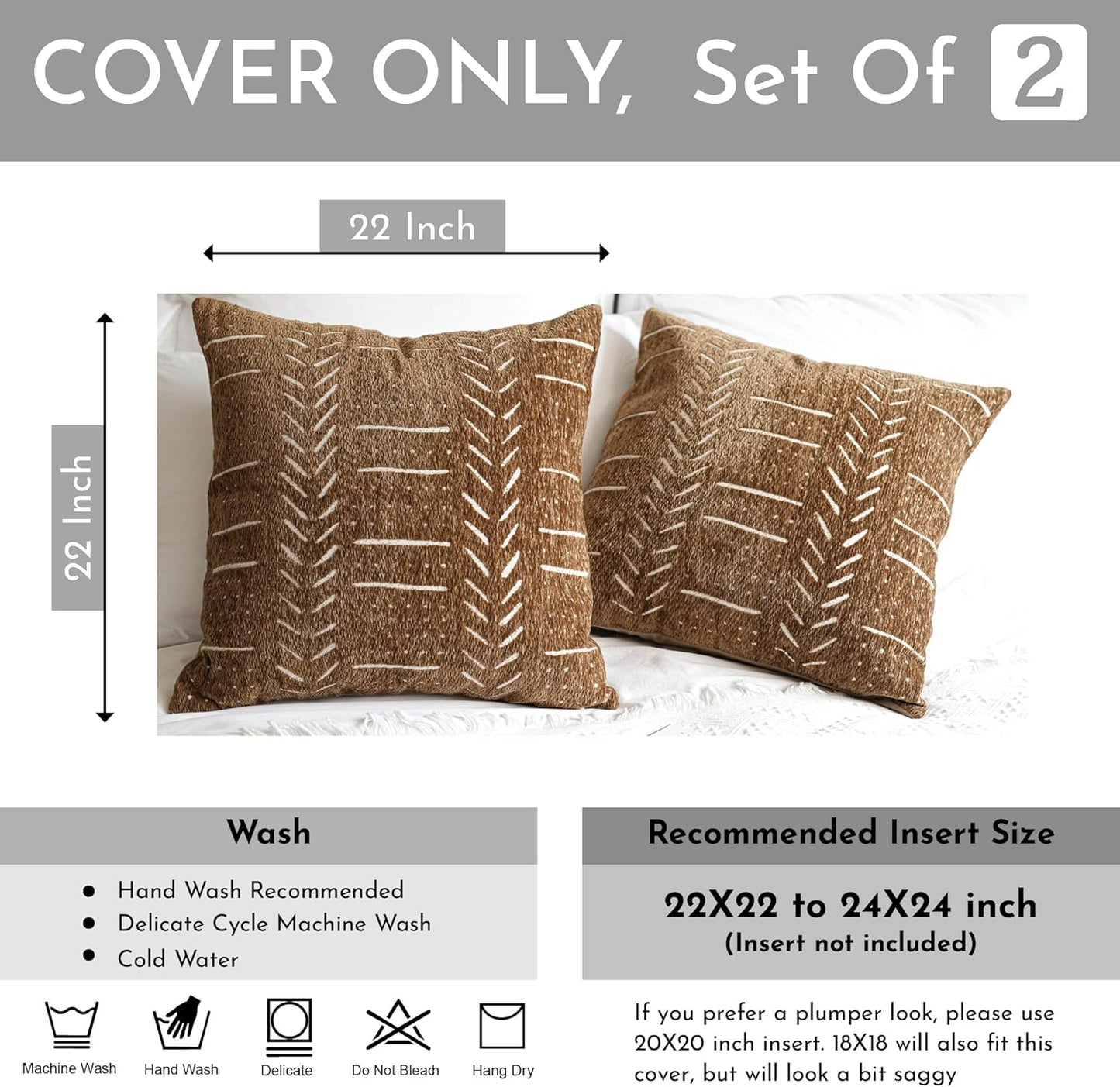 BlissBlush Fall Brown Decorative Throw Pillow Covers 22X22, Set of 2, Boho Farmhouse Cushion Cover, Cozy Soft Accent Pillowcase for Couch Sofa Bed Living Room Home Décor