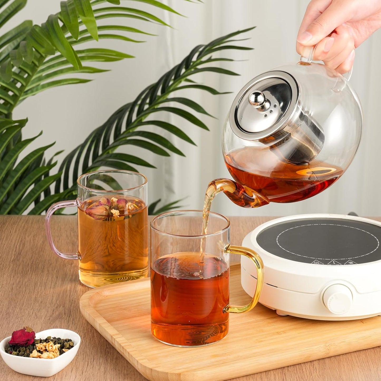 Glass Tea Cups Set of 4, Clear Borosilicate Glass Teacups with Handle for Tealover, Dishwasher & Microwave Safe Large Coffee Mugs for Espresso Cappuccino Latte Juice, 17OZ/500ML