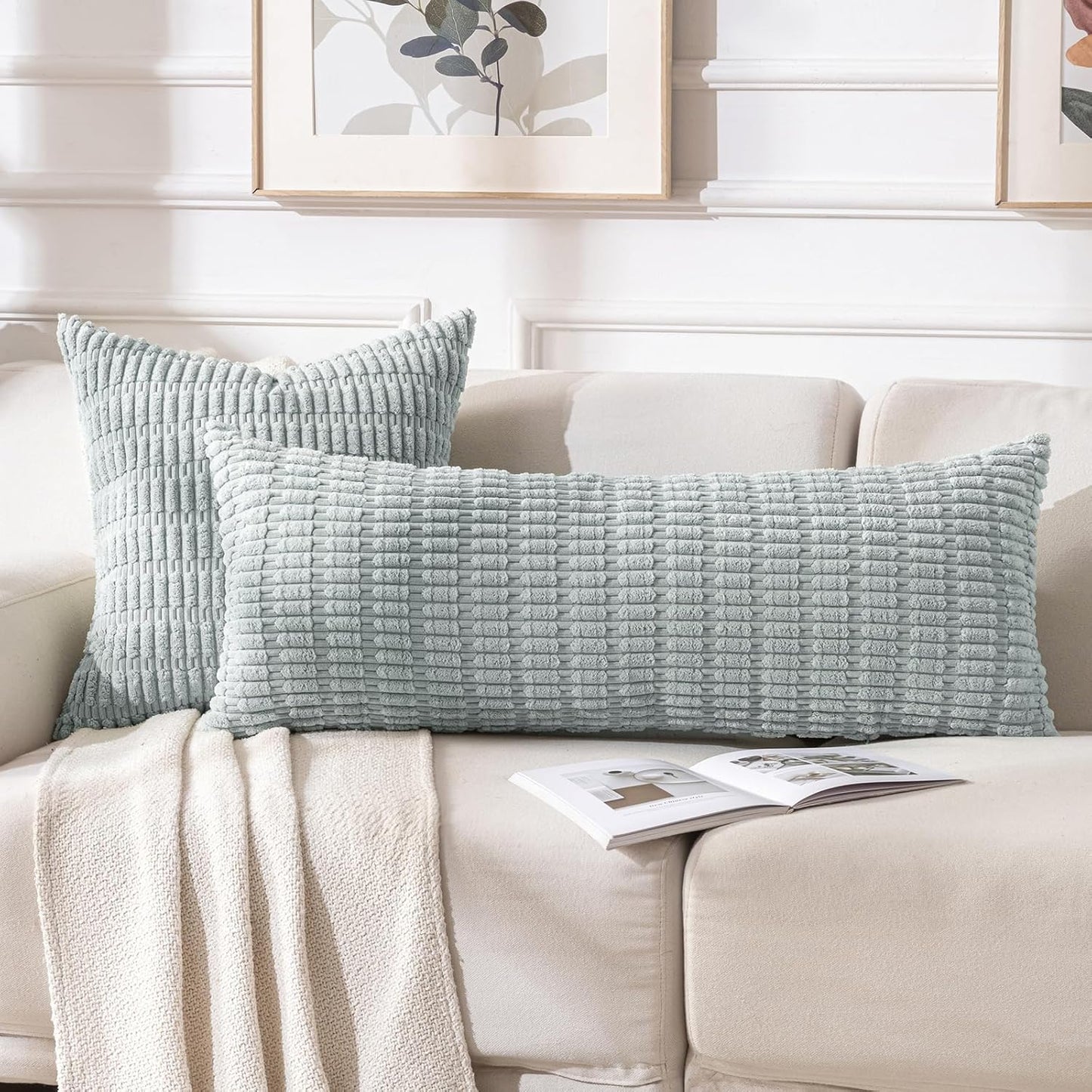 Fancy Homi Grey Blue Long Body Lumbar Lumbar Decorative Throw Pillow Covers 14x36 Inch for Bed Couch Bedroom Bench, Soft Corduroy Rectangle Solid Pillow Case, Rustic Farmhouse Boho Room Decor