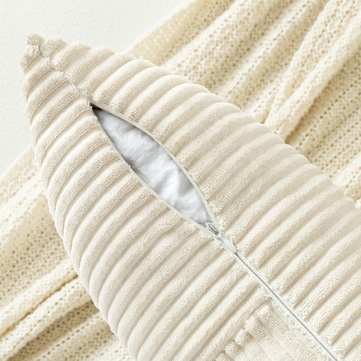 MIULEE Beige Corduroy Pillow Covers Pack of 2 Boho Decorative Spliced Throw Pillow Covers Soft Solid Couch Pillowcases Cross Patchwork Textured Cushion Covers for Living Room Bed Sofa 14x24 inch