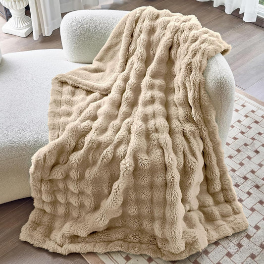 Faux Fur Light Camel Throw Blanket for Couch - Super Soft Heavy Flufyy Thick Bubble Throw Blankets for Bed Bedroom Living Room Farmhouse Sofa Chair Fall Winter Warm, 50x60 Inch