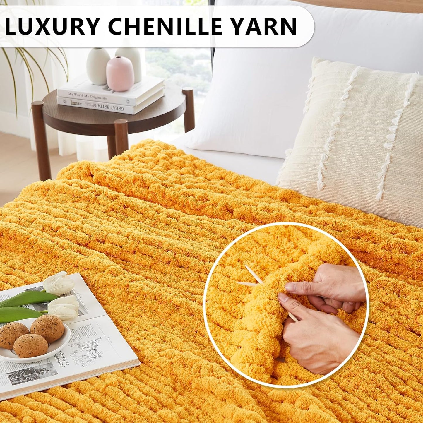 L'AGRATY Chunky Knit Blanket Throw: 80''x90'' Chenille Chunky Knitted Throw Blanket for Bed Couch - Handmade Thick Big Cable Knit Blanket - Large Chunky Crochet Rope Blanket for Home Decor(Yellow)