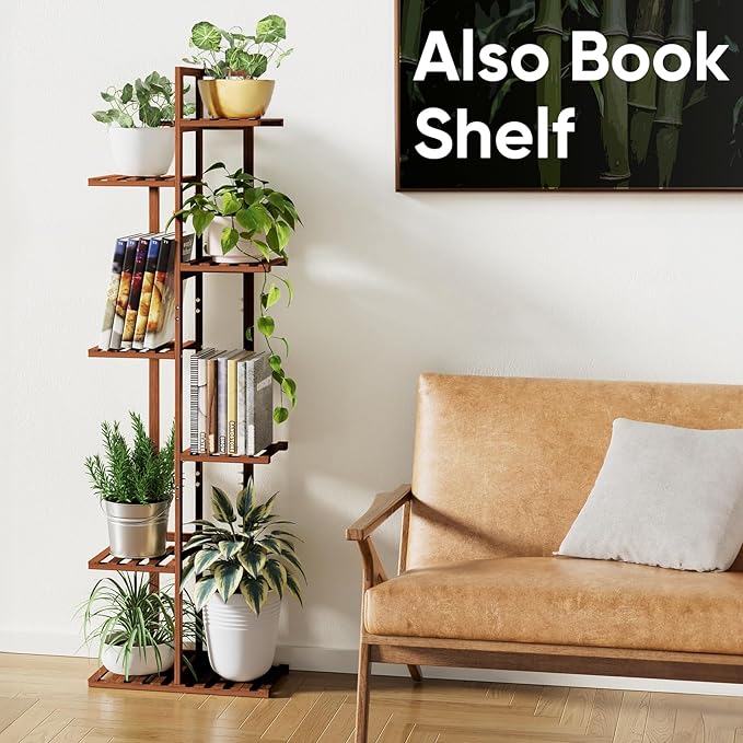 ROSSNY 55 Inch Tall Plant Stand Indoor, 7 Tier 8 Potted Bamboo Plant Stands for Indoor Plants, Corner Plant Stand, Tiered Plant Stands, Plant Shelf For Indoor, Planter Holder for Multiple Plants Indoor, Brown