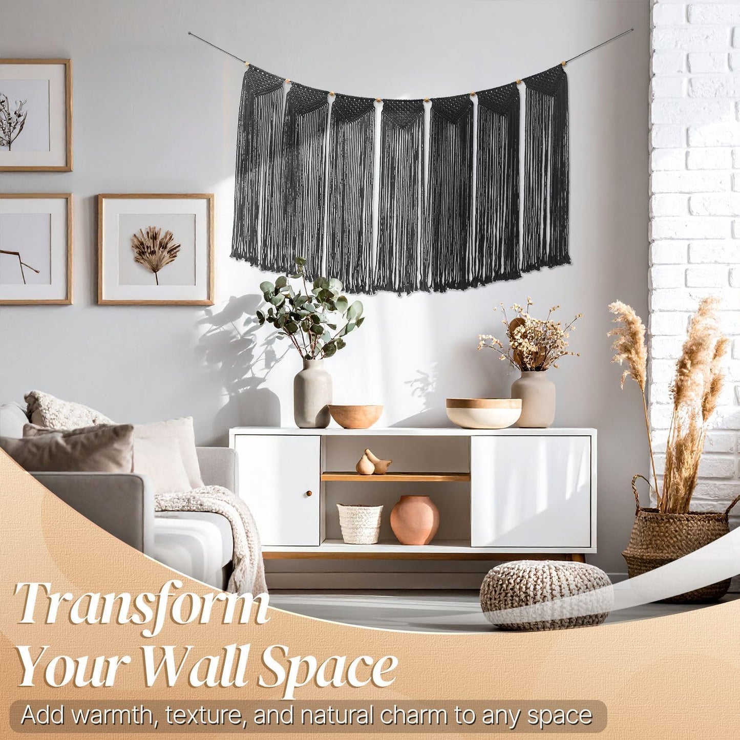 Flexzion Macrame Wall Decor Hanging Boho Hand Woven Tapestry Art Bunting Banner Bohemian Wall Decor for Home Bedroom Living Room Rustic Hippie Garland Baby Nursery, 47 Inch Black Cotton Curtain