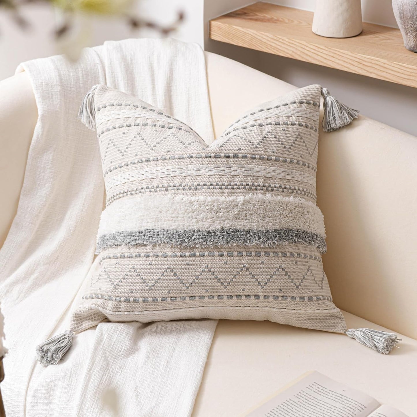 BlissBlush Gray Decorative Throw Pillow Cover 20x20 Square Boho Neutral White Accent Pillowcase Tassels Farmhouse Cushion for Couch Sofa Bedroom Living Room Home Décor (Cover ONLY, Pack of 1)