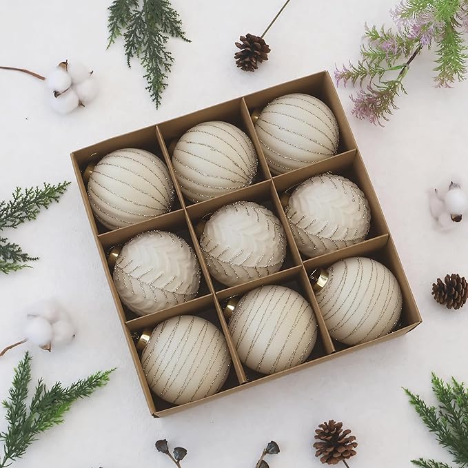 4inch Velvet Ornaments for Christmas Tree, 9PCS Glitter Flocked Christmas Ornaments Decorations Balls Set Decor Beige