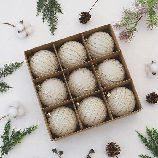 4inch Velvet Ornaments for Christmas Tree, 9PCS Glitter Flocked Christmas Ornaments Decorations Balls Set Decor Beige