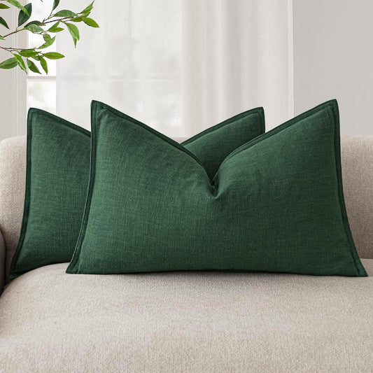 Foindtower Pack of 2, Decorative Linen Soild Throw Pillow Covers Soft Accent Lumbar Cushion Case Boho Farmhouse Pillowcase for Chair Couch Sofa Bedroom Living Room Home Decor 12 x 20 Inch Pine Green