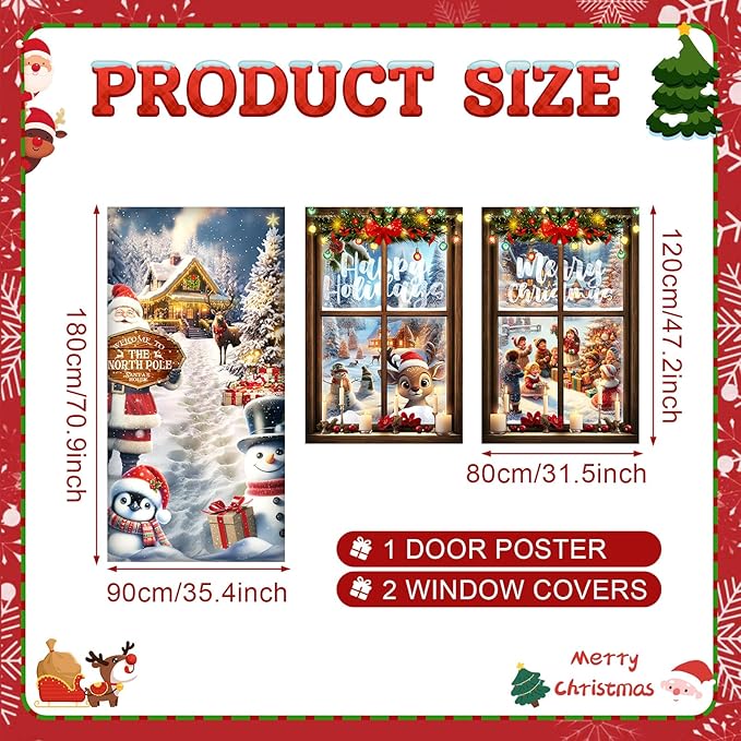 Tioncy 3 Pcs Merry Christmas Door Decorations Set 71" x 35" Christmas Door Cover 47" x 32" Window Cover Santa Claus Snowman Winter Reindeer Pattern Porch Banner Indoor Outdoor Themed Decoration