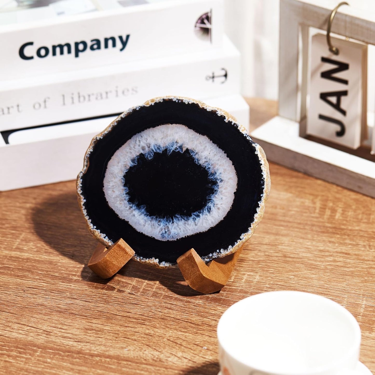 Luxury Lane Large Natural Brazilian Agate Slice Geode Rock Stone Drink Coaster with Wood Holder 4.7-5.5 inch Centerpiece Table Decoration, Black Space