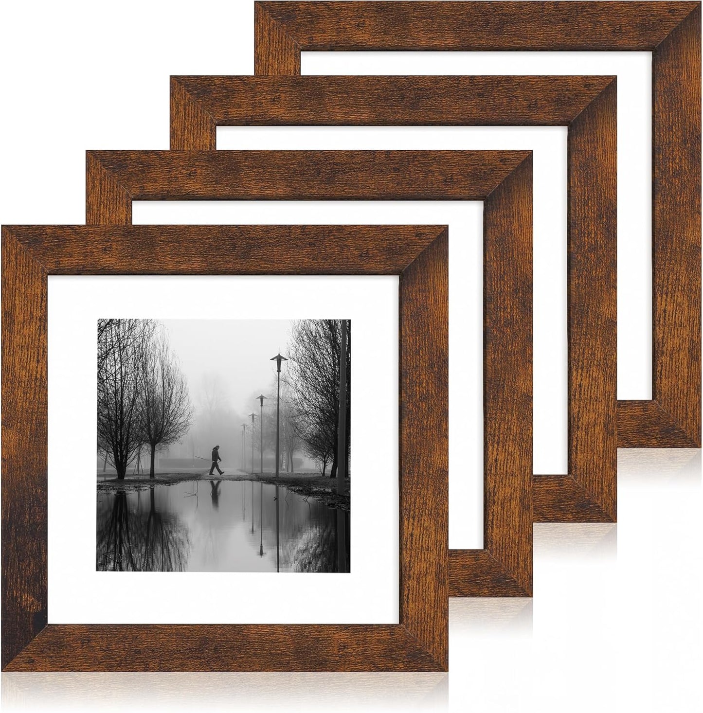 iRahmen 8x8 Picture Frame Set of 4 with HD Glass, Display 6x6 Pictures with Mat or 8 x 8 Without Mat, Rustic Wood Photo Frame for Wall Mount and Tabletop Display