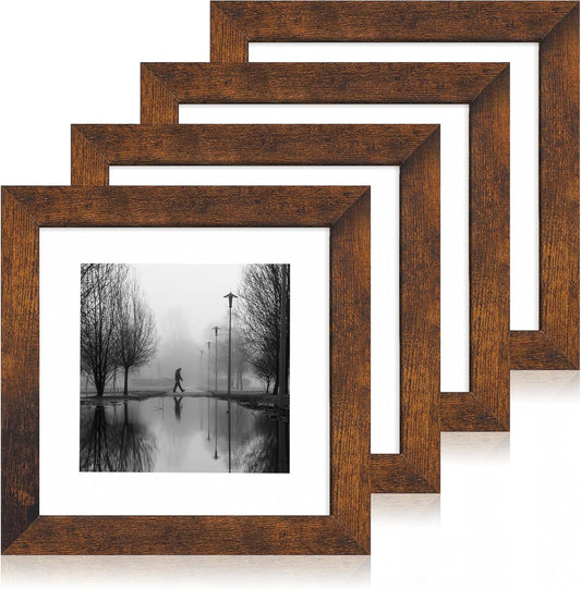 iRahmen 8x8 Picture Frame Set of 4 with HD Glass, Display 6x6 Pictures with Mat or 8 x 8 Without Mat, Rustic Wood Photo Frame for Wall Mount and Tabletop Display
