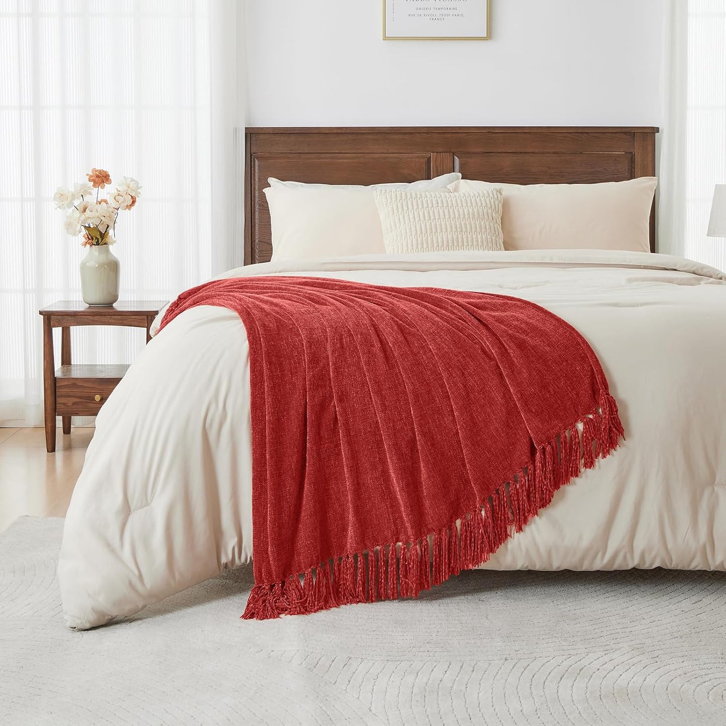 CozeCube Chenille Throw Blanket for Couch, Cozy Plush Fuzzy Decorative Christmas Red Blanket with Fringe Tassels, Lightweight Throws for Bed Sofa Gift Home Decor, 60"X80"