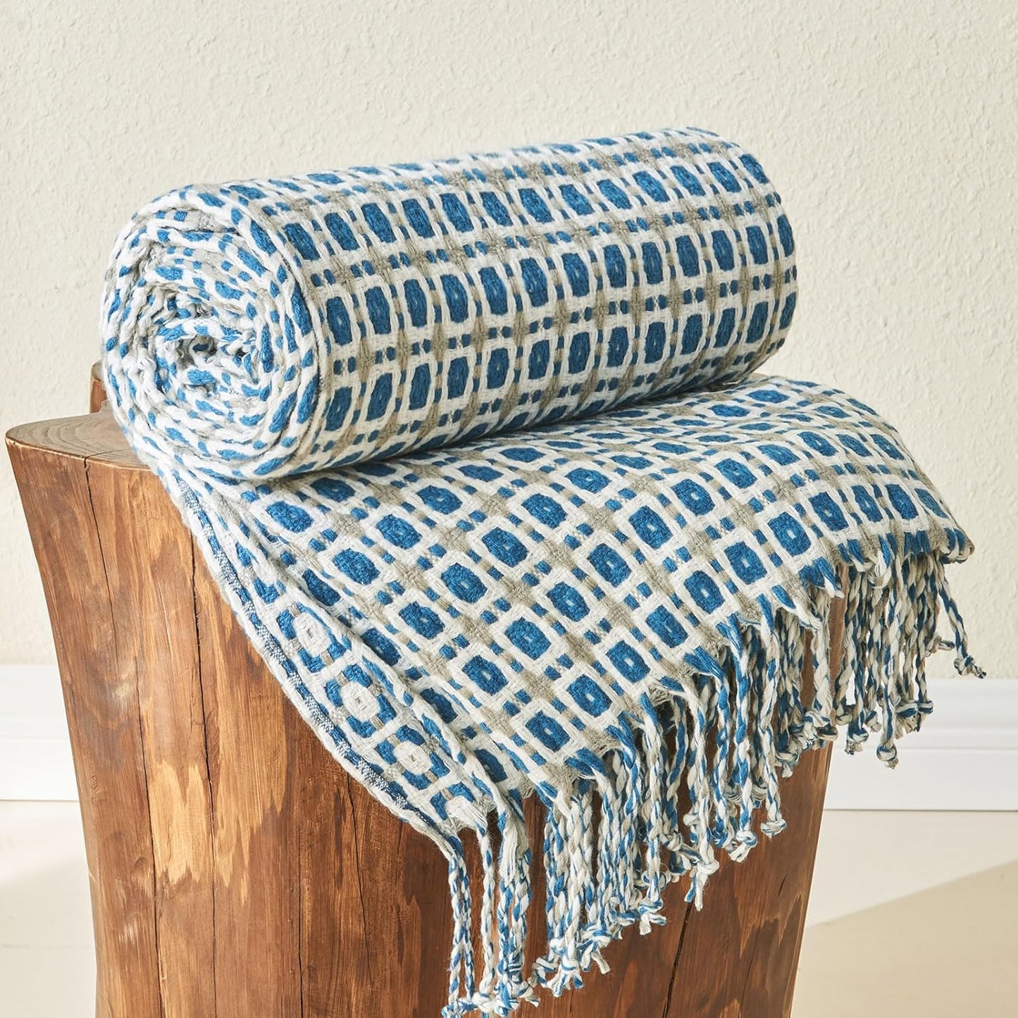 lifein Throw Blanket for Couch - Boho Throw Blanket, Knit Woven Blanket, Soft Decorative Blankets&Throws with Tassels for Bed,Sofa,Chair,Home Decor(50x60in,Blue)
