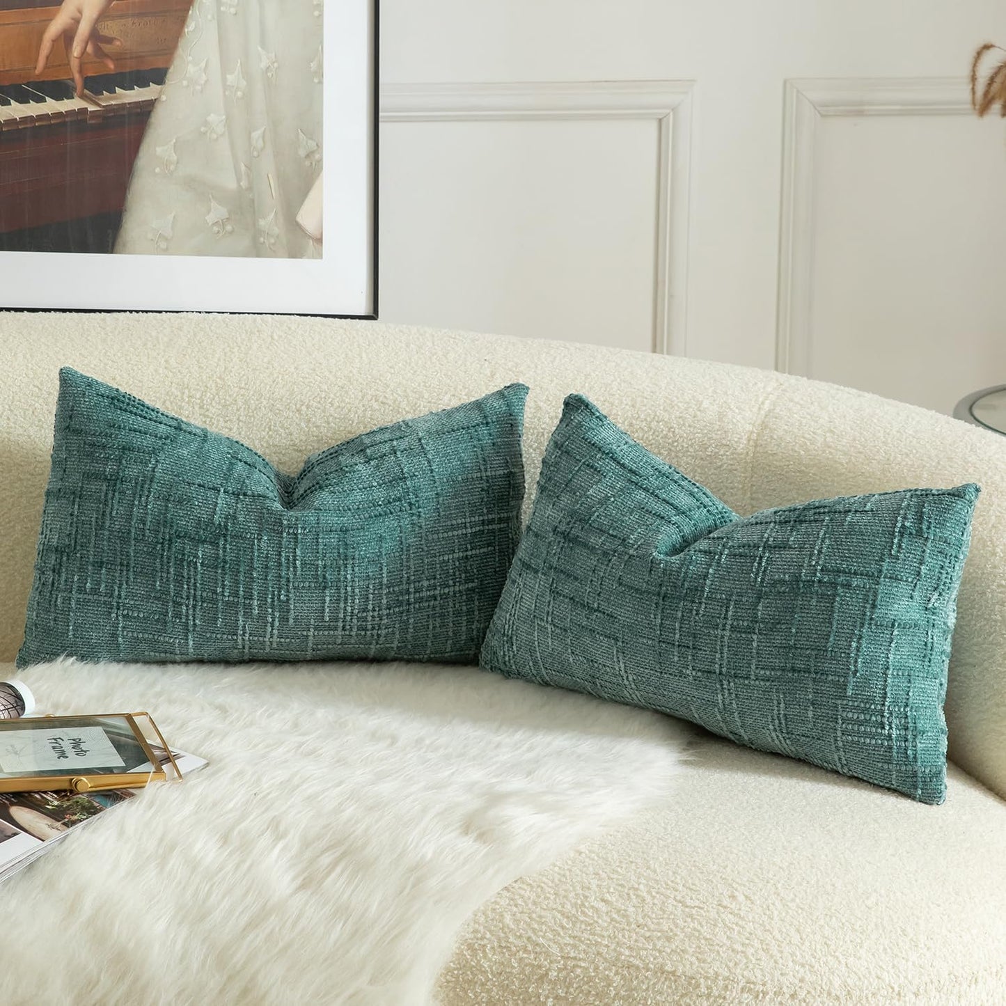 MANDIOO Pack of 2 Soft Chenille Textured Throw Pillow Covers Lumbar Accent Solid Decorative Cushion Cover Cozy Farmhouse Pillow Case for Couch Sofa Bed Living Room 12x20 Inch Teal