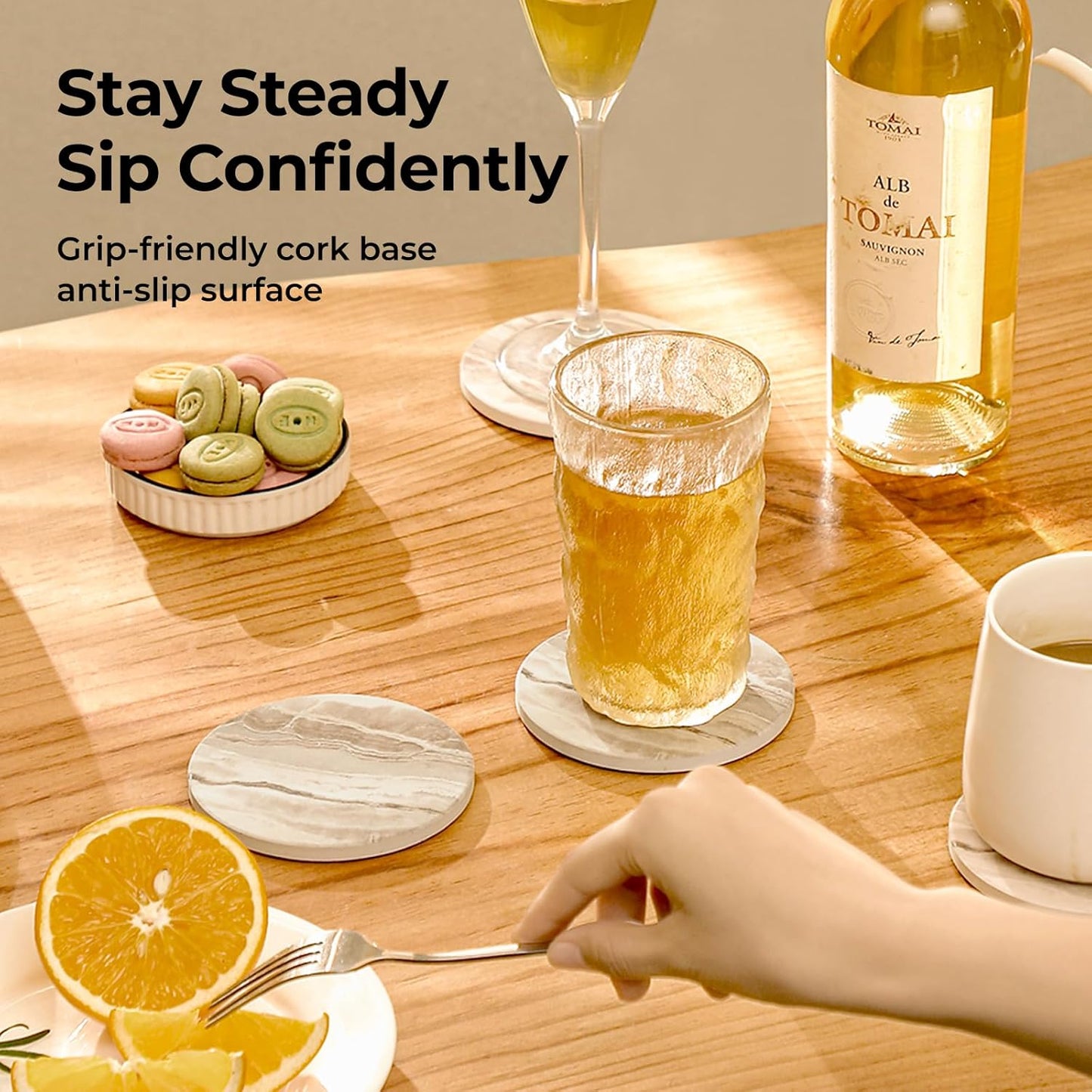 LIFVER Absorbent Coaster Sets of 4, Drink Coasters with Holder, Marble Style Ceramic Drink Coaster for Tabletop Protection, Suitable for Kinds of Cups, Wooden Table, Cool Home Decor, 4 Inches