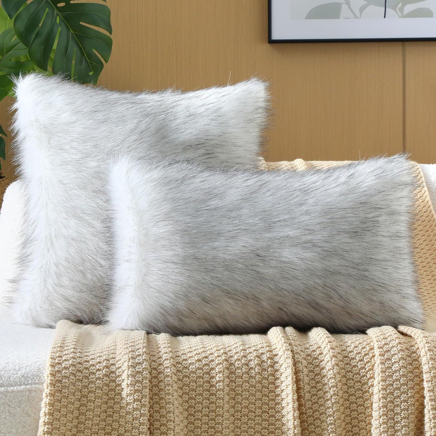 FUTEI Black White Decorative Throw Pillow Covers 24x24 Inch Set of 2,Soft Fluffy Faux Fox Fur Textured European Cushion Case,Modern Home Decor for Couch Living Room
