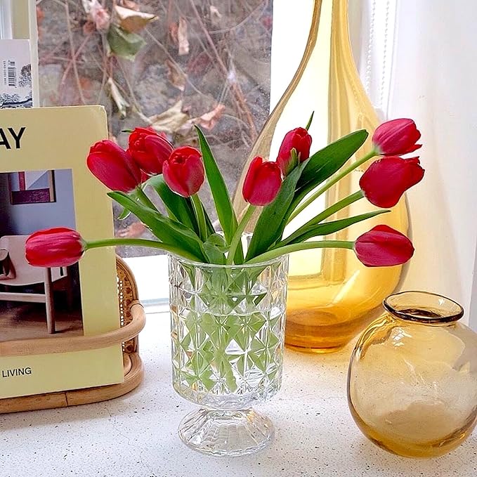 BLOFLO Embossed Glass Vase, 7'' Crystal Glass Vases for Flowers, Pedestal Big Base Glass Bouquet Vase, Hydroponic Glass Transparent Vase for Home Office Wedding Dining Table Party