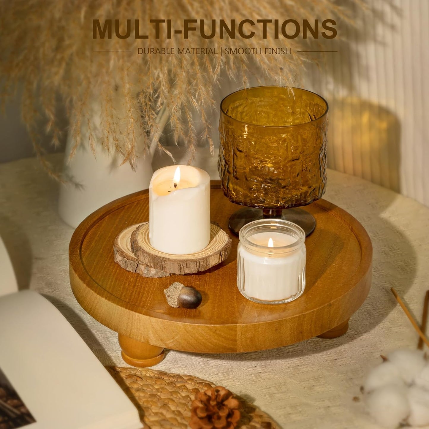 EOSAHR Farmhouse Round Wood Riser – Wooden Tray Pedestal Stand for Bathroom Decor & Kitchen Sink – Decorative Riser Display Stand for Cupcake, Candle and Sponge (Light Brown)