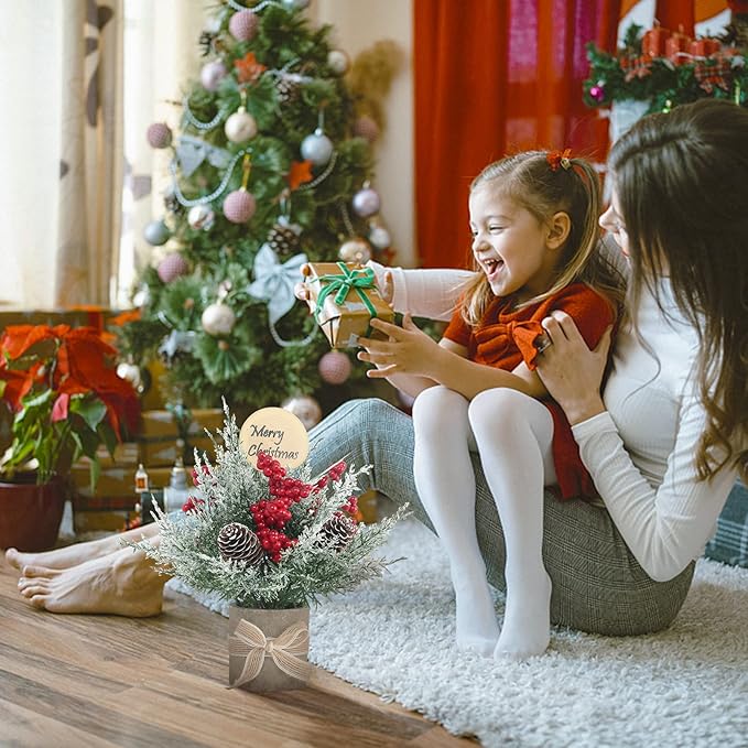 2PCS Small Christmas Tree,Tabletop Mini Xmas Tree,9" Artificial Little Potted for Christmas Decor,Suitable for Weddings, Holidays, Christmas and Other Festivals.(Red/Green)