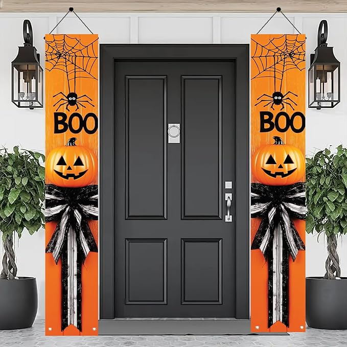 2PCS Halloween Porch Banner Boo Spider Pumpkin Signs 71 x 12 Inch Halloween Front Door Hanging Decor Outdoor Indoor Wall Decorations for Party Entryway Supplies
