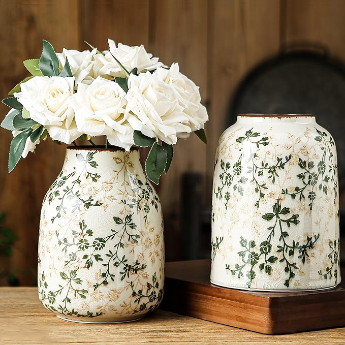 Green and Beige Vintage Vase, Chinoiserie Floral Vase, Rustic Ceramic Large Vases for Home Decors, Living Room, Bookshelf, Office, Grand Millennial Decor, Chinoiserie Decors, Tuscan Decor 7.8 Inch