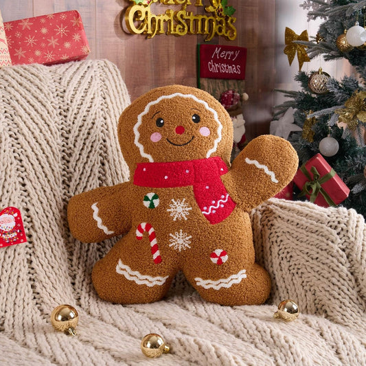 Lanpn Christmas Gingerbread Boy Pillow, Christmas Decoration Winter Throw Pillows Soft Fleece Sherpa Cute 3D Shaped Ginger Bread Man Throw Cushion for Sofa Bedroom Xmas Decor (18x18 inch)