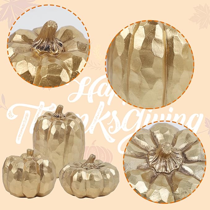 winemana 3 Pack Fall Decor for Home-Gold Pumpkins Thanksgiving Decorations, Table, Fireplace Mantel, Office, Elegant Decorative Pumpkin Autumn Indoor Decor