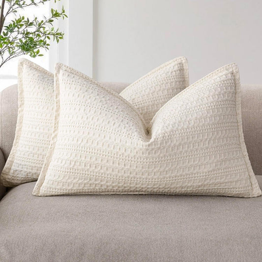 Foindtower Set of 2 Decorative Cotton Waffle Weave Lumbar Throw Pillow Covers Euro Shams Cushion Covers Accent European Pillowcase For Bed Couch Bedroom Living Room Home Decor 12×20 Inch Natural Ivory