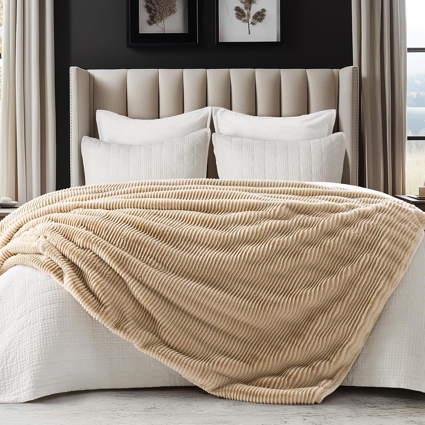 EVERGRACEHOME Ultra Soft Faux Fur Throw Blanket for Couch, Luxury Sculpted Texture Faux Rabbit Fur Blanket for Bed, Fluffy Thick Plush Warm Fuzzy Throw, 920GSM (Beige, 50''x60'')