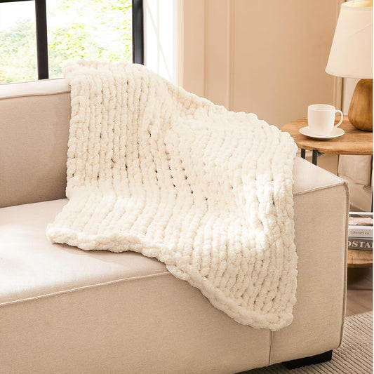 L'AGRATY Chunky Knit Blanket Throw: 30''x40'' Chenille Chunky Knitted Throw Blankets for Bed Couch - Handmade Thick Big Cable Knit Blankets - Large Crochet Rope Blanket for Home Decor(Ivory)