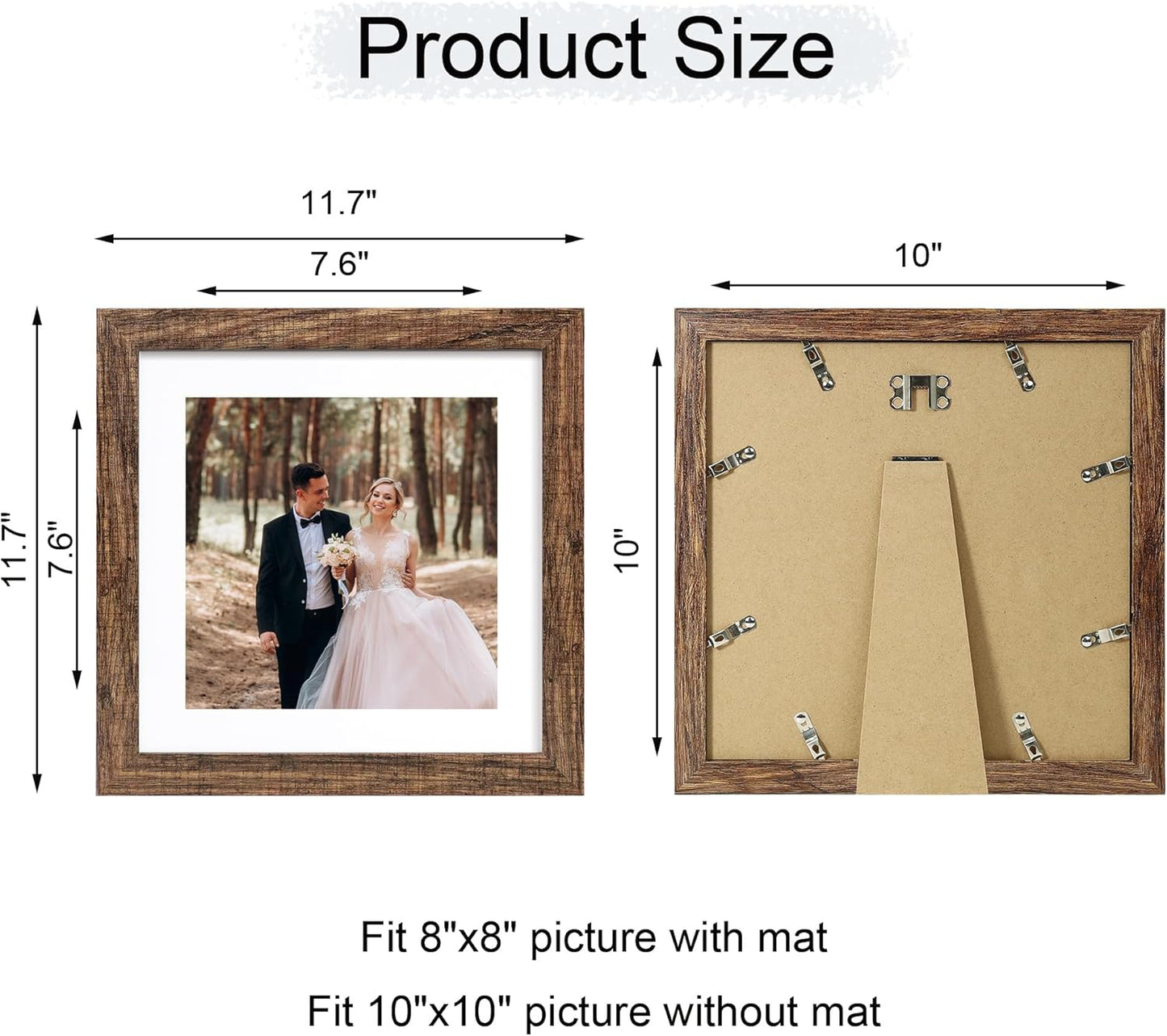 iRahmen 10x10 Picture Frame Set of 4 with Real Glass, Rustic Frames Display 8x8 Picture with Mat or 10 x 10 Without Mat, Wooden Square Photo Frame for Wall Mount and Tabletop Display