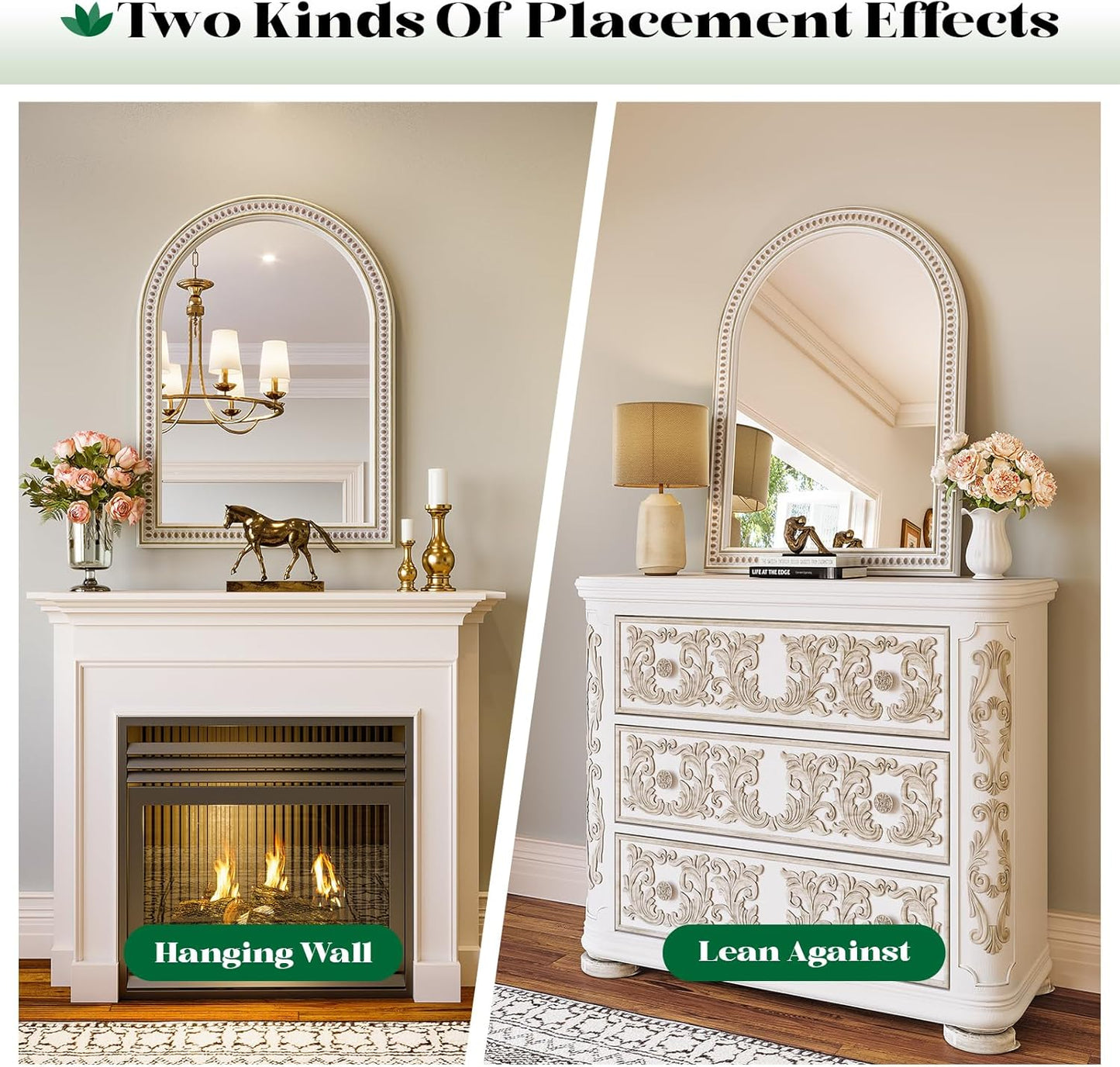 Farmhouse Mirror for Wall, 24" x 36" Arched Boho Mirror with Beaded, Arch Rustic Wooden Frame Decorative Wall Mirrors for Bathroom, Vanity, Living Room, Entryway