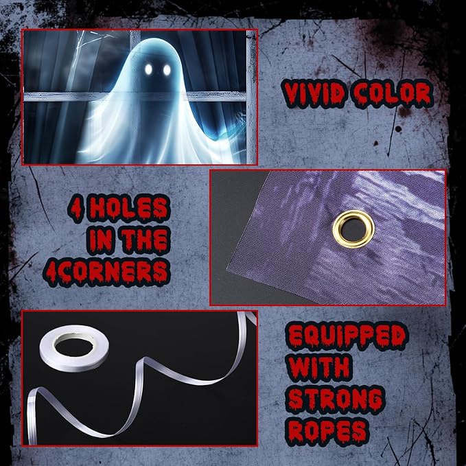 Tioncy 3 Pcs Halloween Window Door Covers Decorations Set Ghost Scary Halloween Window Curtains Boo Spider Web Pumpkin Pattern Banner Porch Indoor Outdoor Decoration