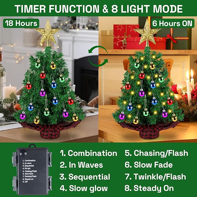 [ 8 Modes & Timer] 2 Ft Tabletop Christmas Tree with LED Lights, Mini Artificial Christmas Tree Battery Operated Small Xmas Tree with Ball & Star Topper for Indoor Home Office Holiday Party Decor