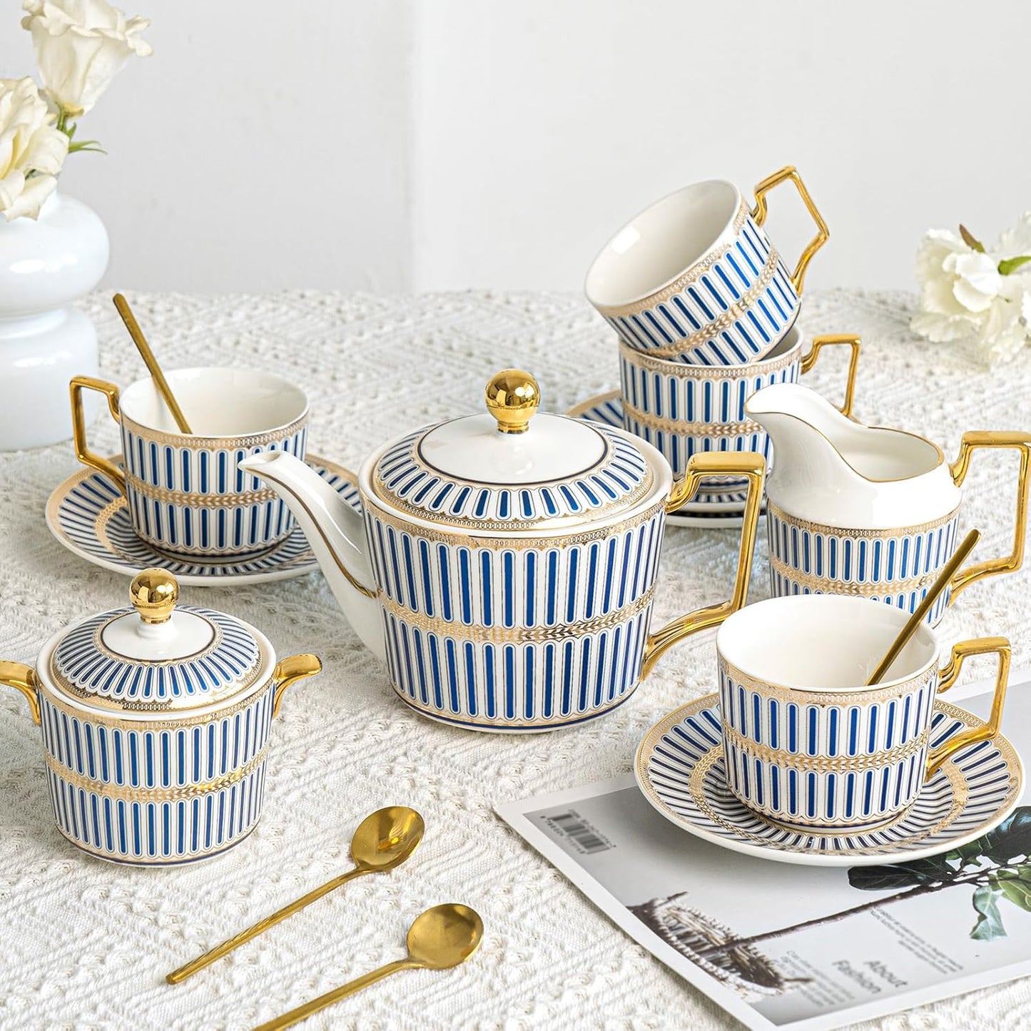 CwlwGO-Bone China Tea Cup Set of 4, Cup and Saucer Sets Service for 4 with 24 Ounces Teapot,Sugar Bowl,Creamer Pitcher,Elegant British Tea Cups for Tea Party,Gifts Box.