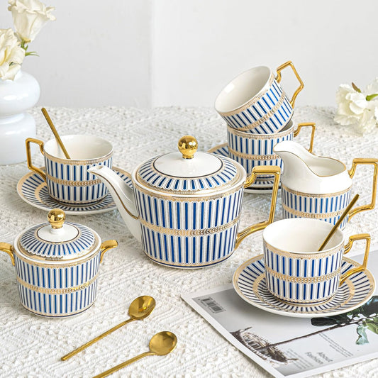 CwlwGO-Bone China Tea Cup Set of 4, Cup and Saucer Sets Service for 4 with 24 Ounces Teapot,Sugar Bowl,Creamer Pitcher,Elegant British Tea Cups for Tea Party,Gifts Box.