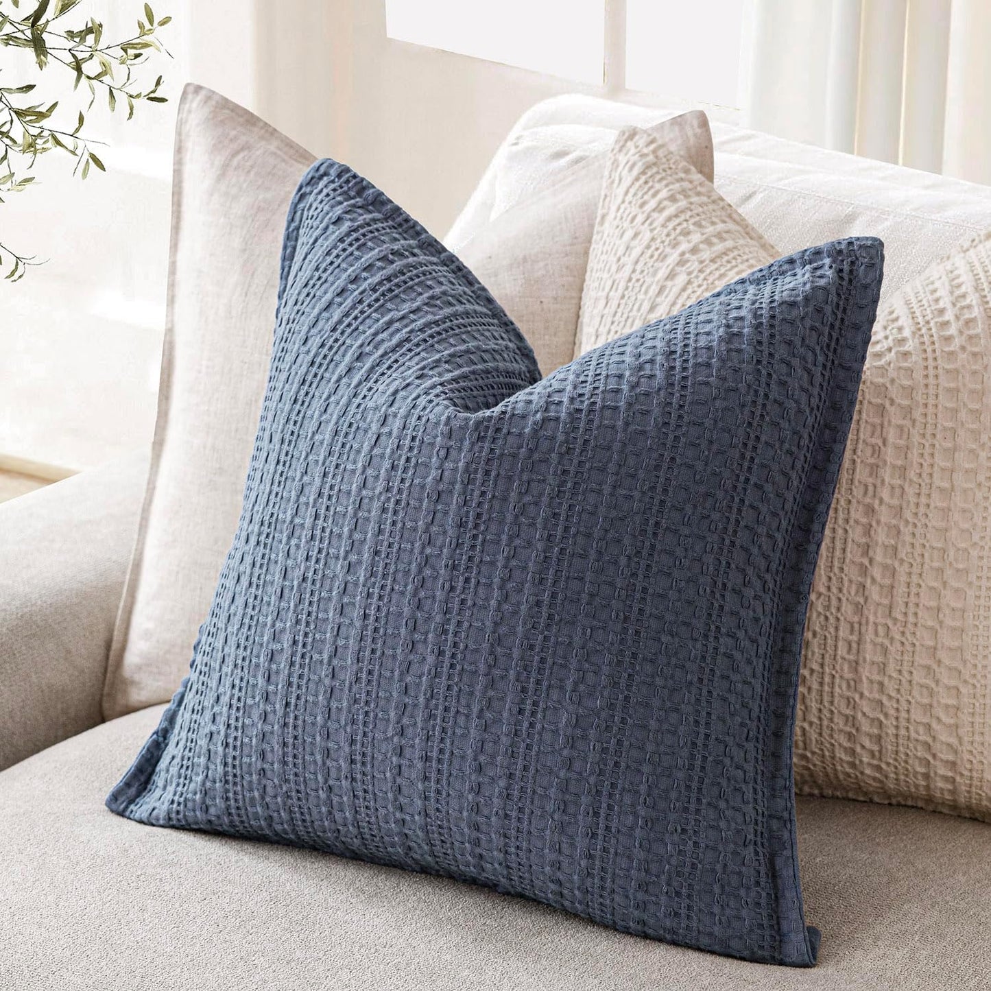 Foindtower Set of 2 Decorative Cotton Waffle Weave Throw Pillow Covers Euro Shams Cushion Covers Accent European Pillowcase for Bed Couch Sofa Bedroom Living Room Home Decor 26×26 Inch Blue