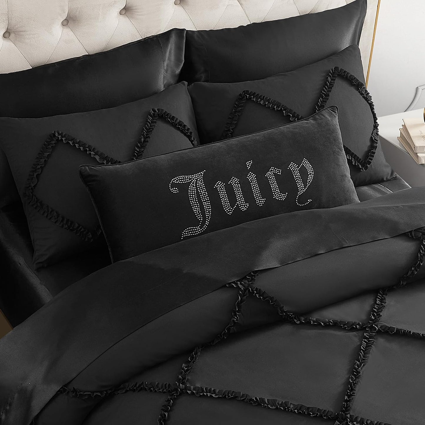 Juicy Couture Rectangle 1-Piece Decorative Accent, Premium Reversible Throw Pillow, Living Room and Bedroom Décor, 16"x36", Velvet Rhinestone Black