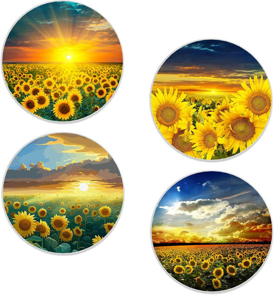 Drinks Coasters Set of 4, Sunflower Round 4" Cup Coasters, Absorbent Ceramic Stone Coasters with Cork Base, Cute Coasters for Table Home Décor, Ideal Gifts for Women Men
