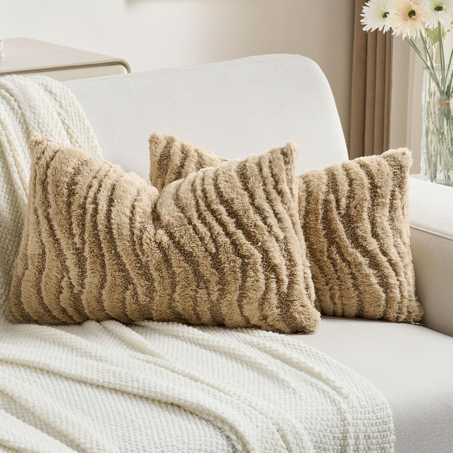 FUTEI Khaki Decorative Throw Pillow Covers 12x20 Inch Set of 2,Soft Faux Fur Geometric Shapes Texture Pillowcase,Boho Home Decor for Couch Bed Living Room