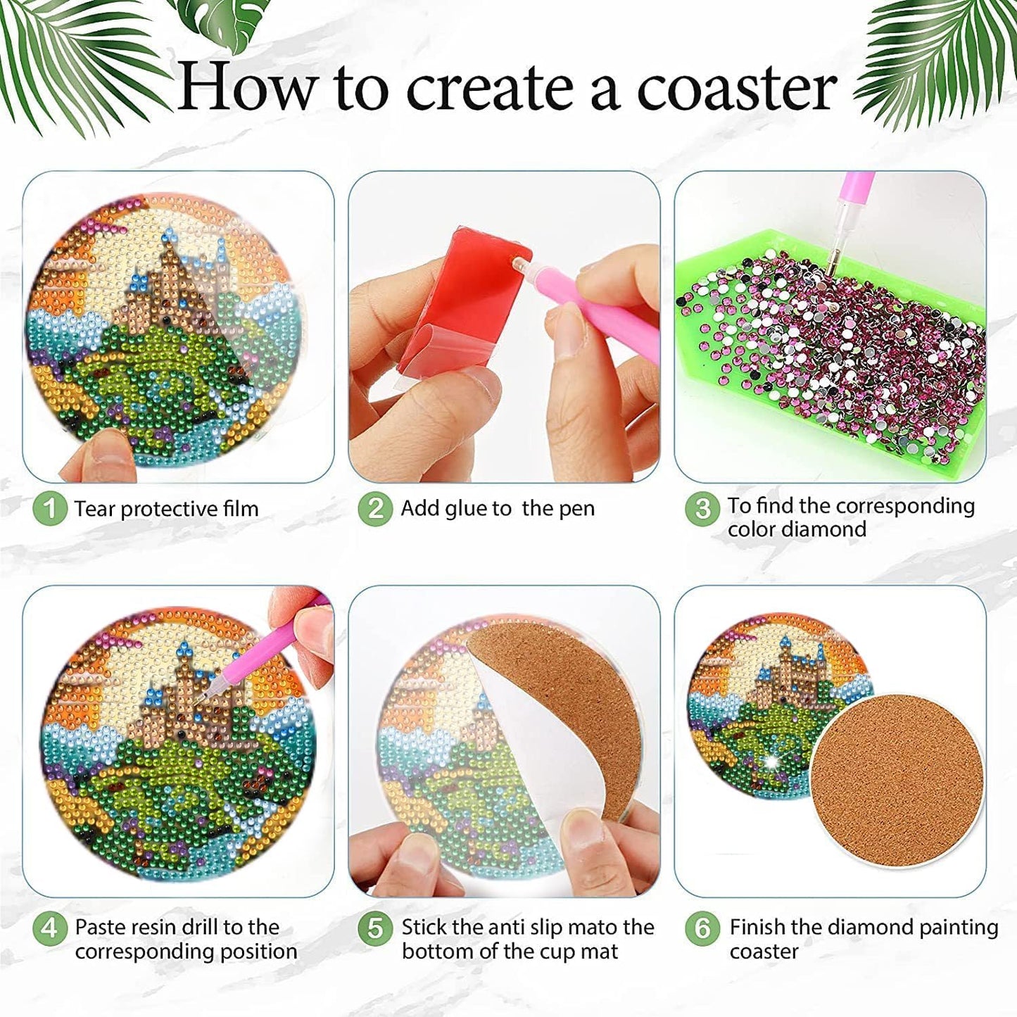 DOTSOPS 8 Pieces Castle Diamond Painting Coasters with Holder - Diamond Art Coasters with Cork Base for Beginners Adults & Craft Supplies Party Item(Castle)