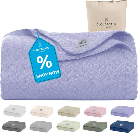 Cloud Scape Linen Herringbone Cotton Throw Blanket for Couch, Bed,Sofa, Home Decor, Soft, Lightweight, All-Season Bed Blanket, 50 x 70, Lavender Blue