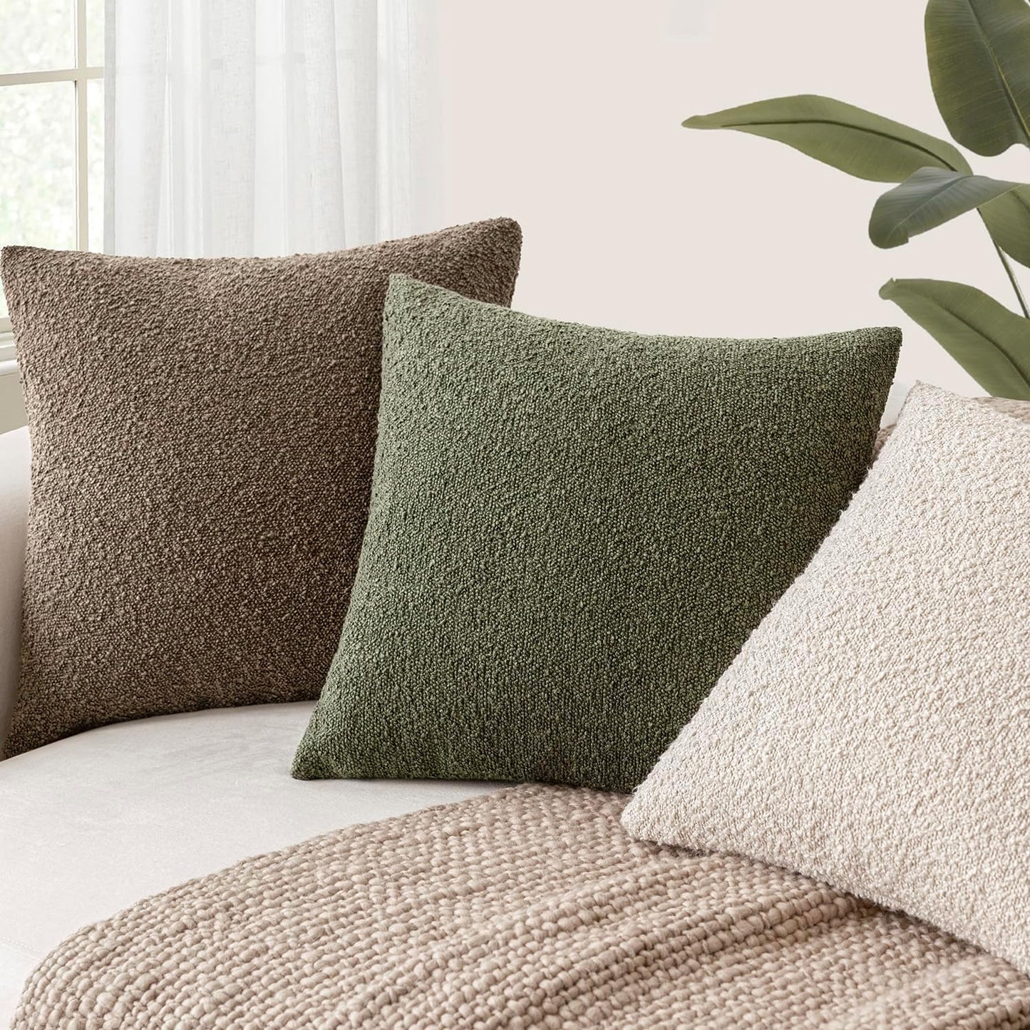 Foindtower Pack of 2, Decorative Textured Boucle Throw Pillow Covers Neutral Accent Solid Pillow Cases Cozy Soft Couch Cushion Case for Chair Sofa Bedroom Living Room Home Decor 22x22 Inch Light Brown