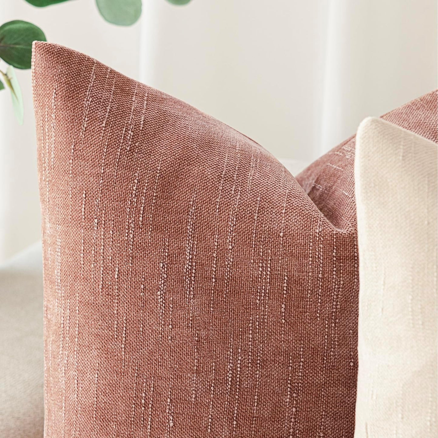 Foindtower Pack of 2 Textured Chenille Throw Decorative Pillow Covers Square Accent Solid Cushion Cover Neutral Farmhouse Pillow Case for Couch Sofa Bedroom Living Room 26x26 Inch,Dusty Pink