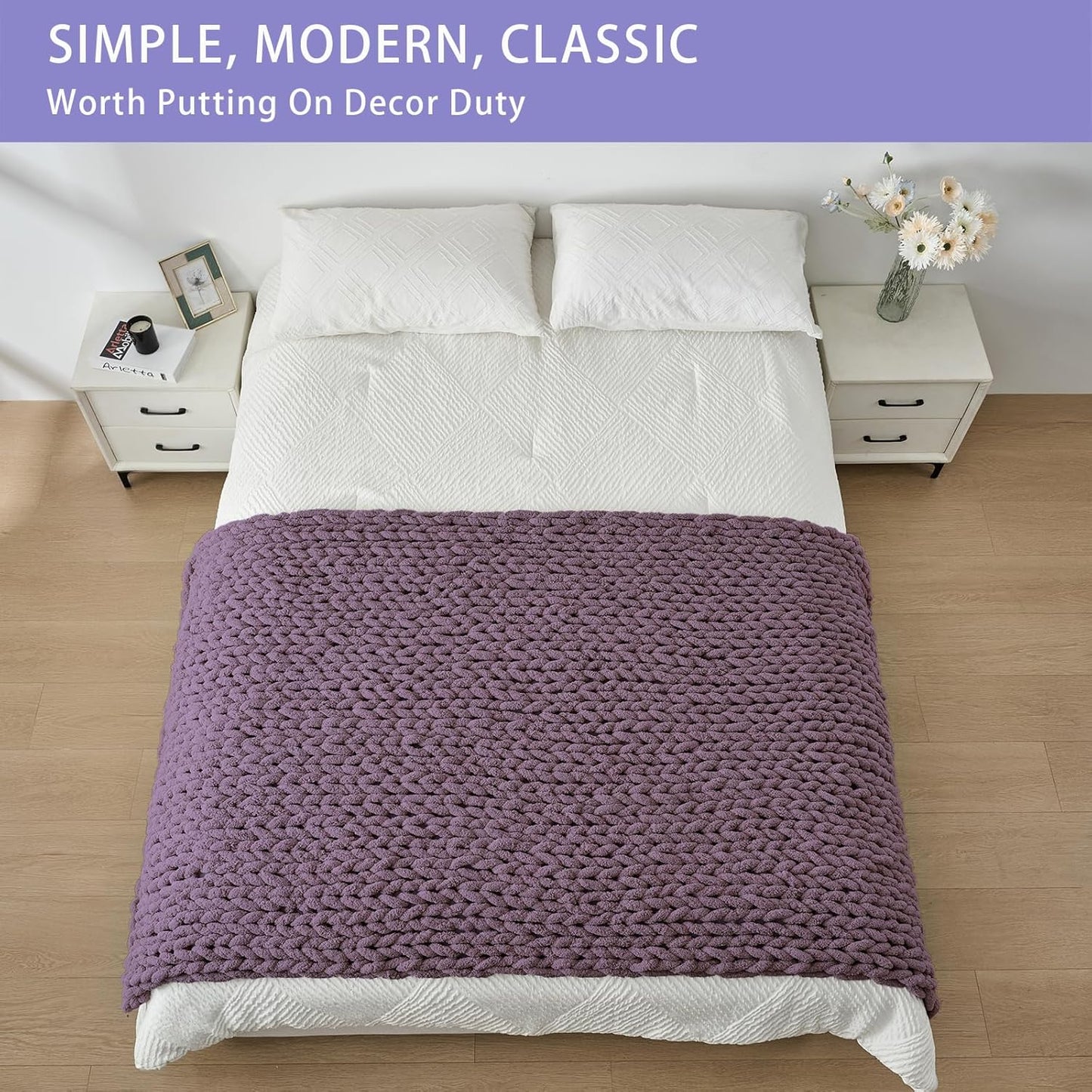 Bigacogo Chunky Knit Throw Blanket for Couch, 40x80 inches, 100% Hand Knitted with Thick Jumbo Chenille Yarn, Cozy Soft Large Rope Knot Cable Crochet Blankets for Sofa Bed Living Room, Winter Grape