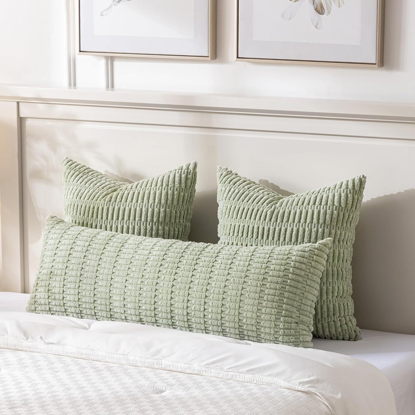 Fancy Homi Sage Green Long Lumbar Decorative Throw Pillow Covers 14x36 Inch for Bed Couch Bedroom, Soft Corduroy Rectangle Solid Cushion Case 35x91 cm, Rustic Farmhouse Boho Room Décor