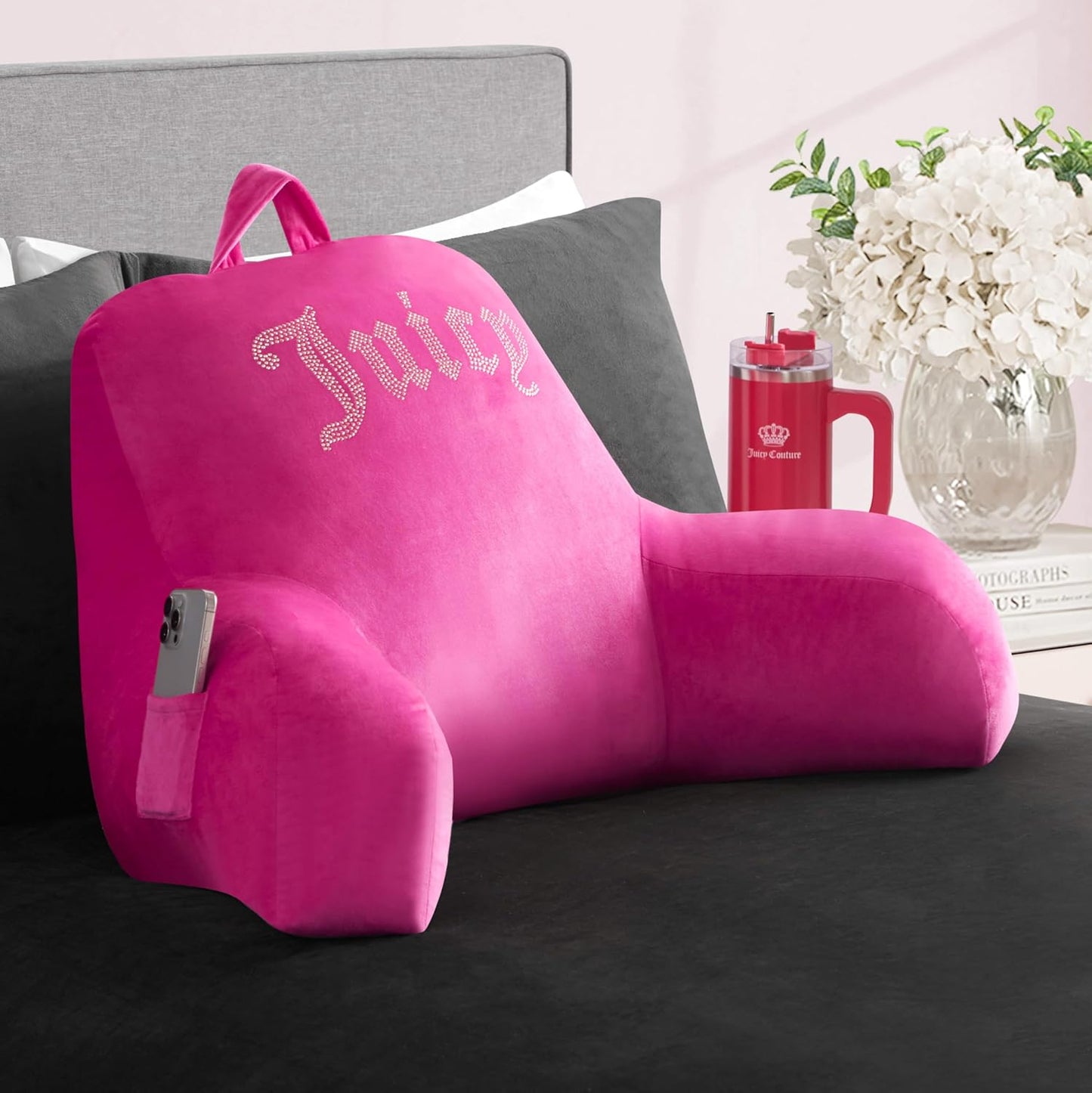 Juicy Couture Velour Backrest Pillow with Rhinestone Juicy Logo - 30"x17", Hot Pink Supportive Bed Rest Pillow for Reading, Gaming, or Relaxing