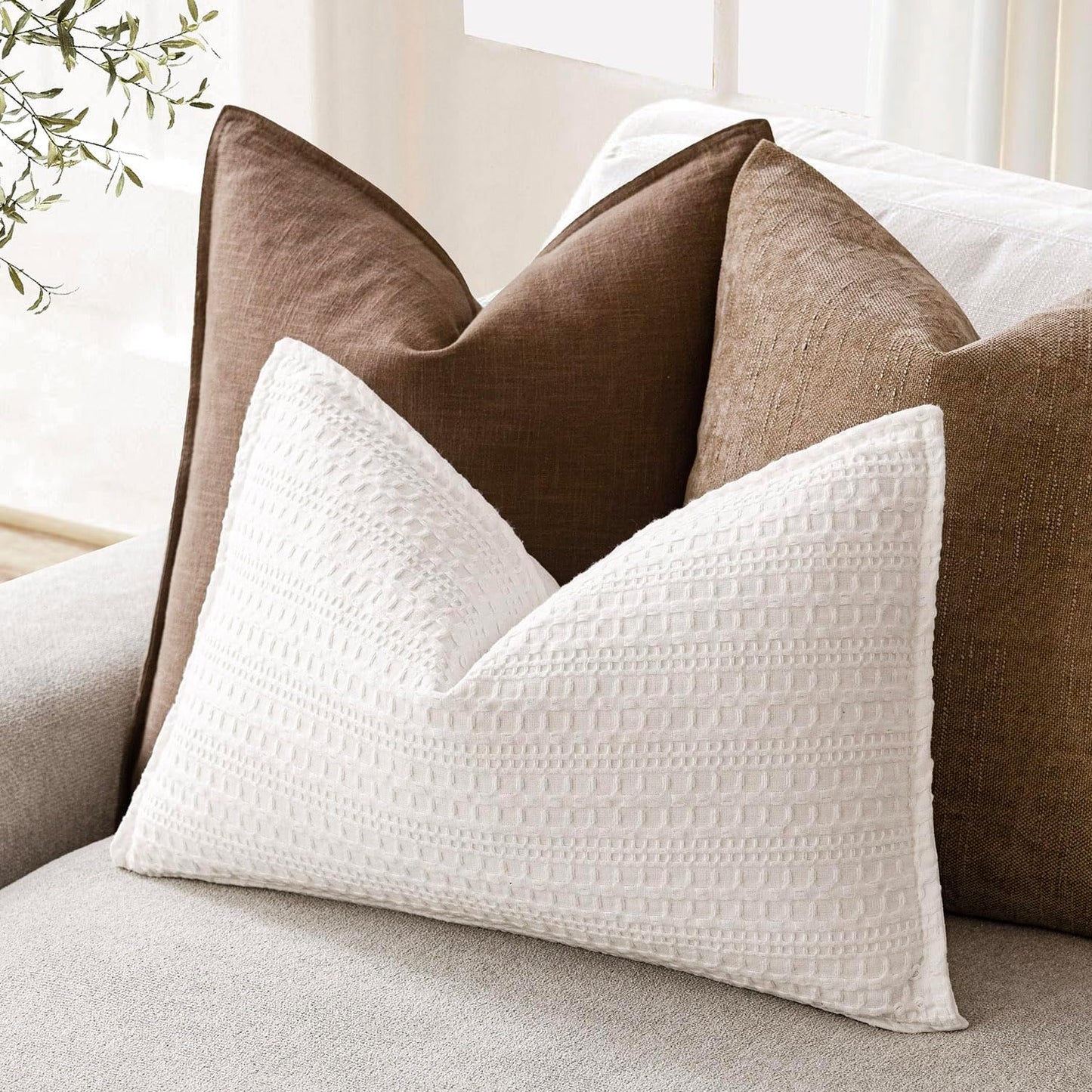 Foindtower Set of 2 Decorative Cotton Waffle Weave Lumbar Throw Pillow Covers Euro Shams Cushion Covers Accent European Pillowcase for Bed Couch Bedroom Living Room Home Decor 12×20 Inch Cream White