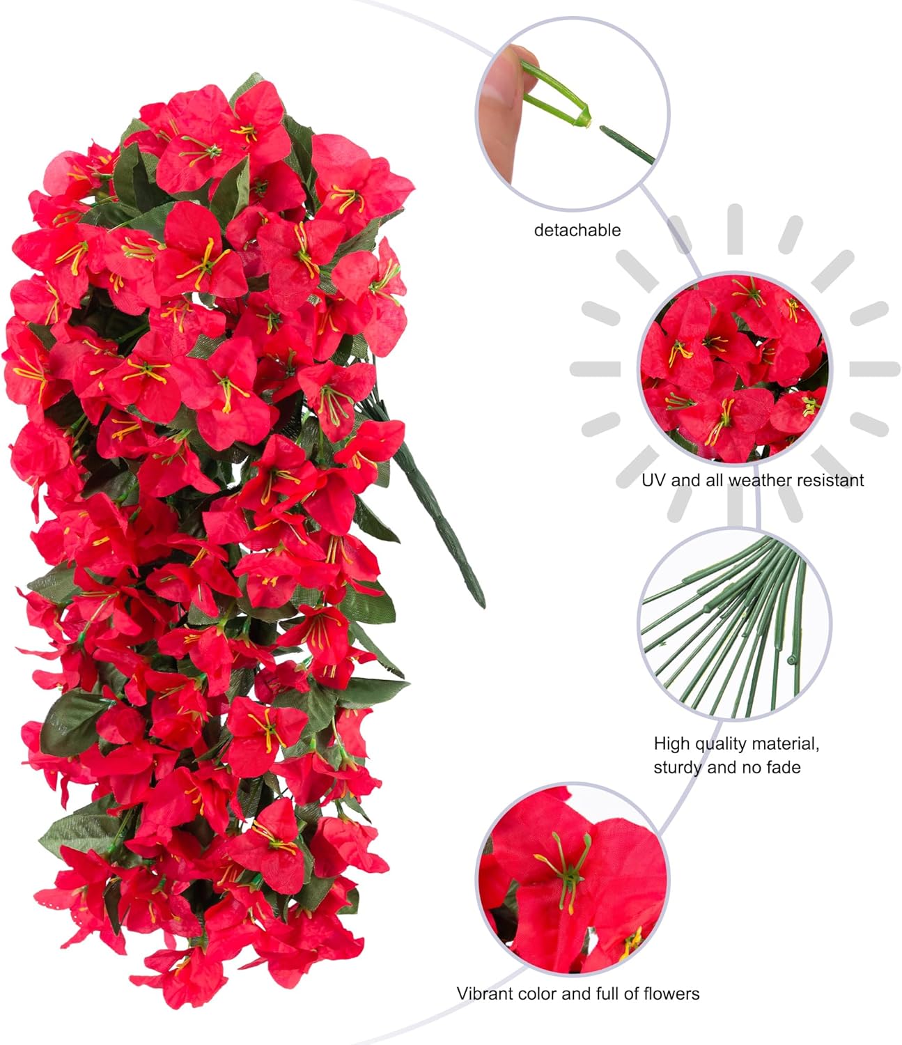 HyeFlora Bougainvillea Artificial Hanging Flowers Plants for Outdoors Decoration, 2pcs Fake Flowers Silk Bougainvillea Vines Realistic UV Resistant Faux Flowers for Outdoor Planters Porch Patio, Red